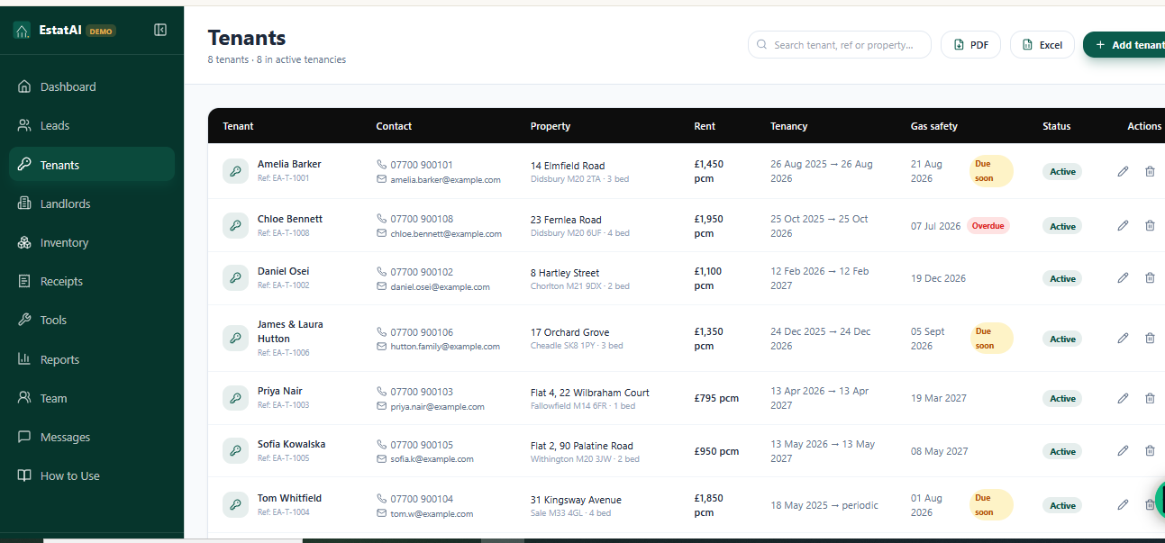 EstatAI real estate CRM dashboard — leads pipeline, tenants, landlords, listings and reports